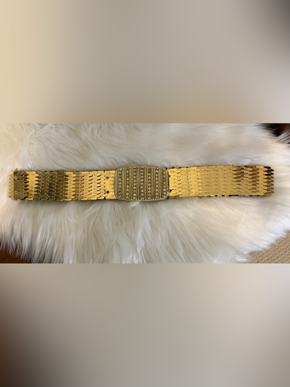 Vintage 80s Gold Metallic Scale Elastic Belt Rhinestone Buckle SIZE LARGE/X-LG - Picture 3 of 13